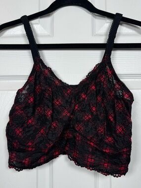 Torrid Lace Bralette Red Black Plaid Sheer Romantic Gothic Size 0X